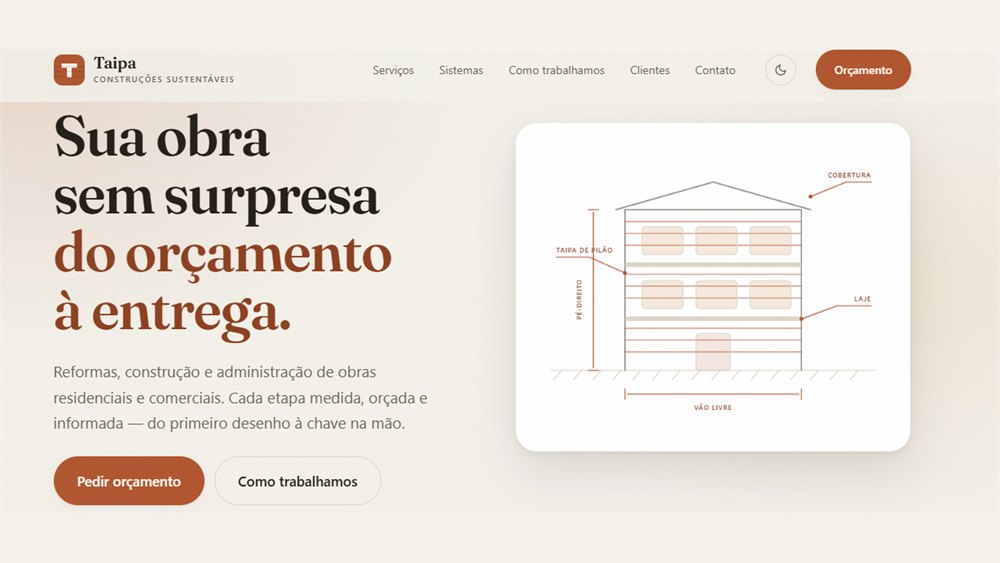 Página da Taipa Construções, com a chamada “Sua obra sem surpresa, do orçamento à entrega”