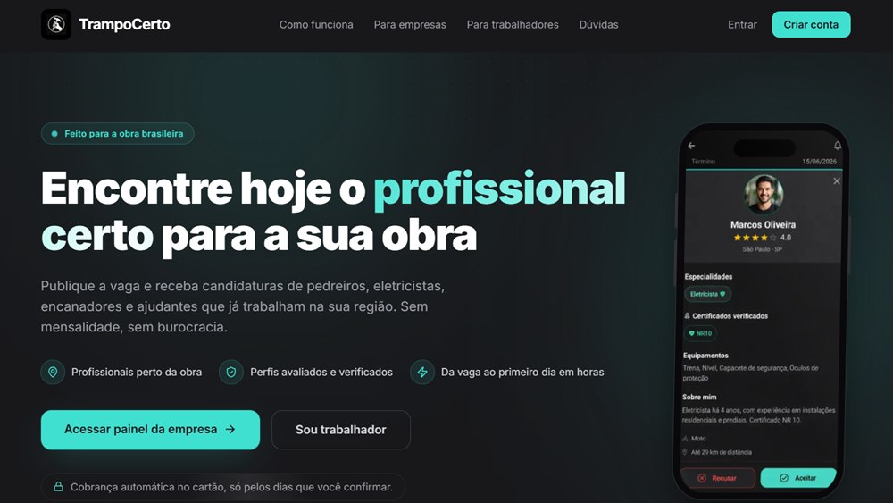 Página do TrampoCerto, com a chamada “Encontre hoje o profissional certo para a sua obra” e o aplicativo exibindo o perfil de um eletricista